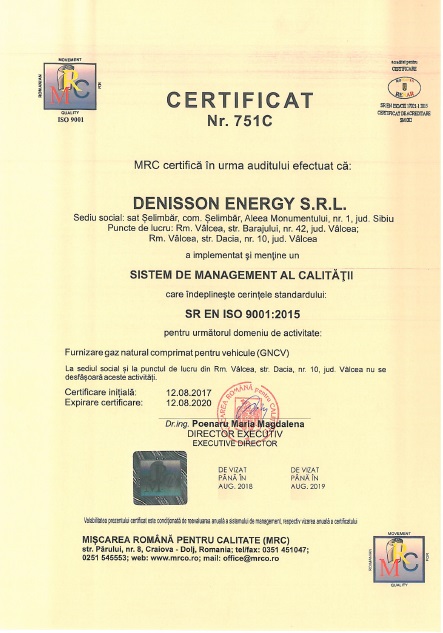 Certificatul 751C sistem ISO 9001 2015 statie CNG Valcea