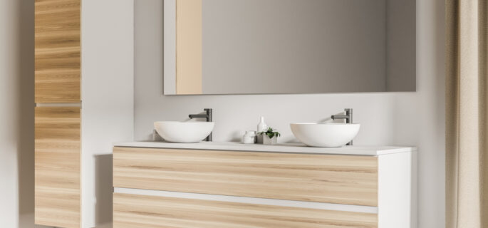 Side,View,Of,Two,Bathroom,Sinks,Standing,On,A,Wooden