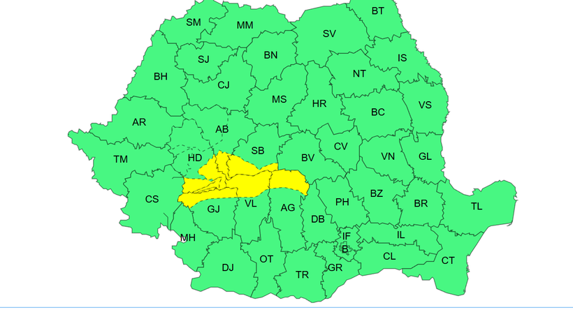 Cod galben de vreme sever&#259; &icirc;n V&acirc;lcea. Lapovi&#539;&#259;, ninsoare &#537;i polei &icirc;n zonele montane
